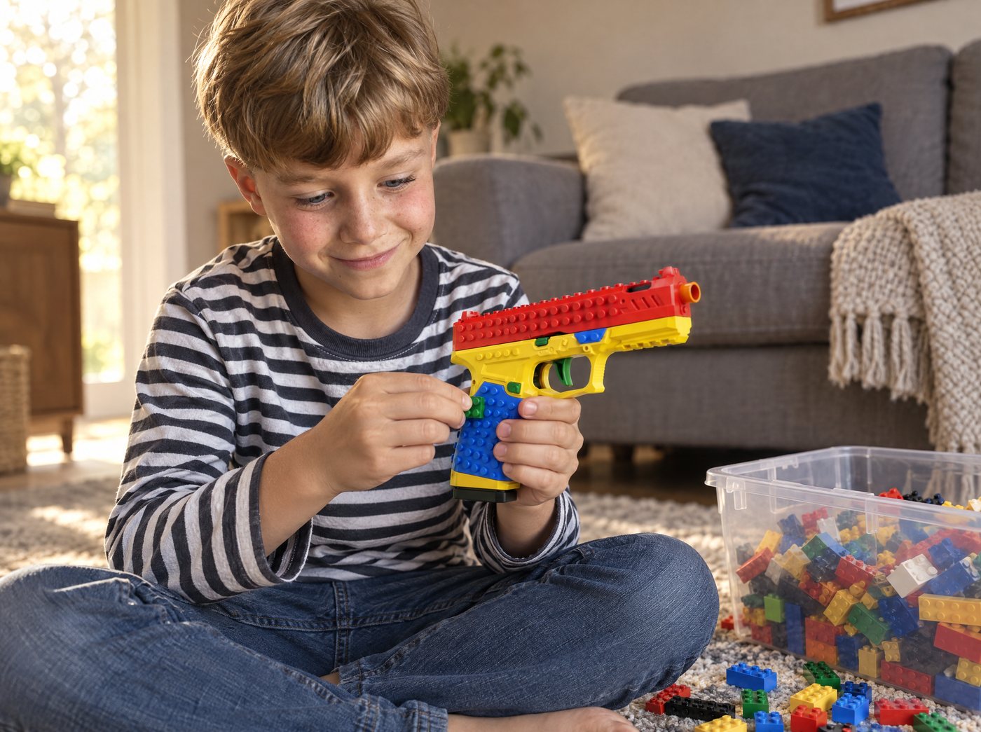 A boy snapping his own bricks onto the KLAKK ONE grip