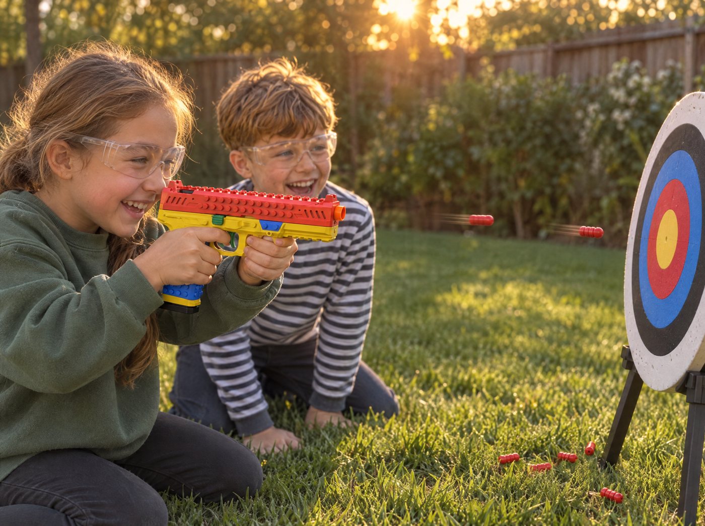 Two kids in goggles shooting soft tips at a target in the garden